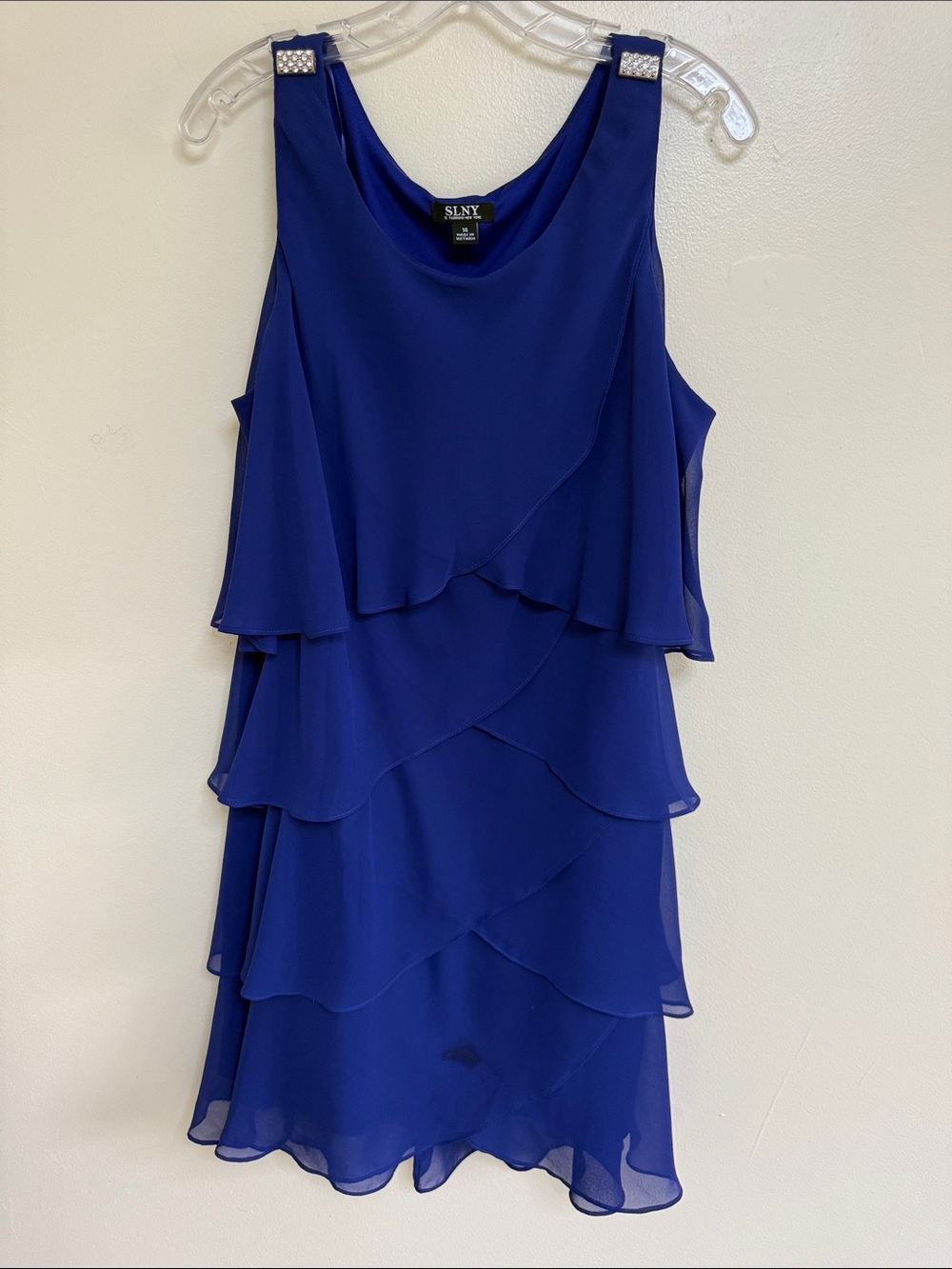 SLNY Royal Blue Tiered Chiffon Sleeveless Mini Dress